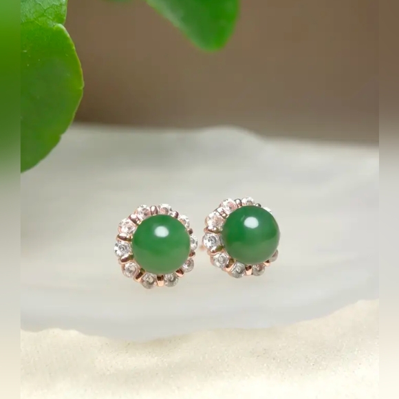 Natural Jasper & CZ Halo Earrings - Picture 1 of 5